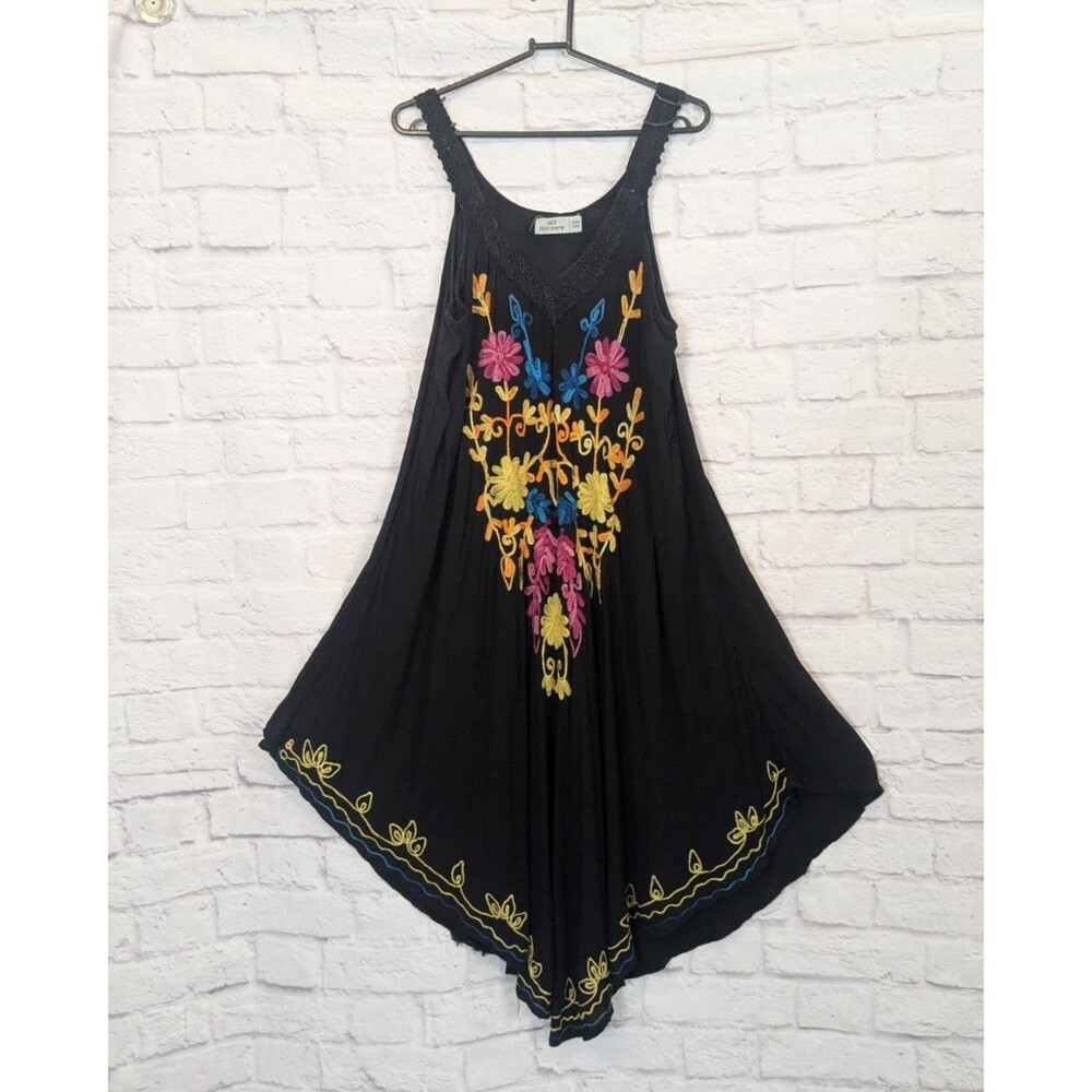 Ace Fashion‎ Womens Size Free Size Bohemian Tank Dress Black Colorful Embroidery